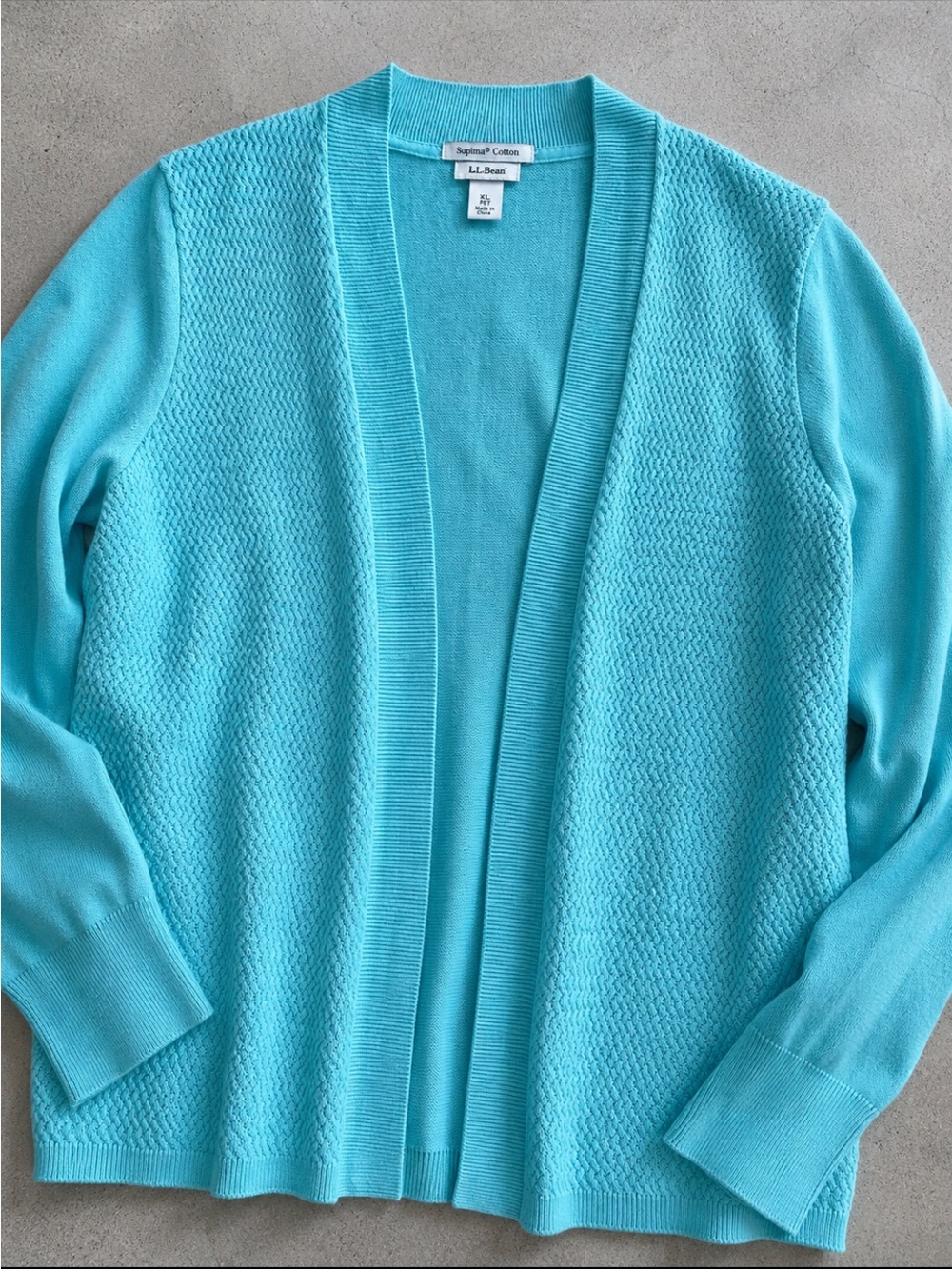 L.Bean Supima Cotton Textured Open Front Cardigan Turquoise XL Petite Office